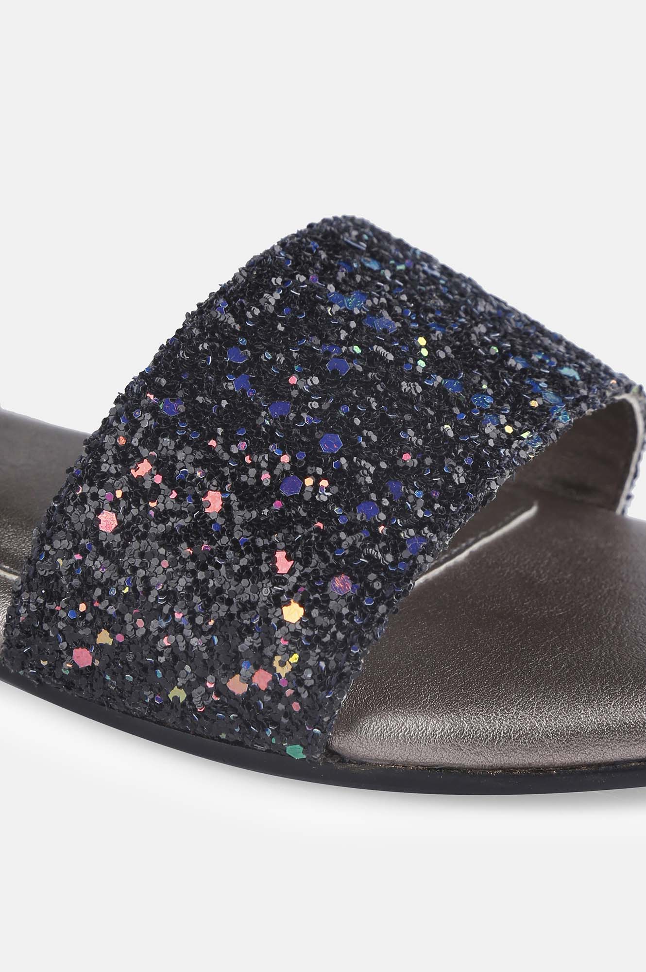 Black Glitter Almond Toe Textured Flat - ZDelia