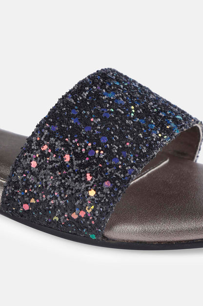 Black Glitter Almond Toe Textured Flat - ZDelia