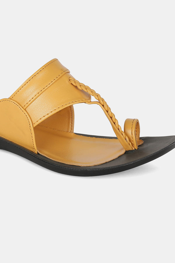 Aurelia Mustard Woven Design Almond Toe Flat-Zdarlene