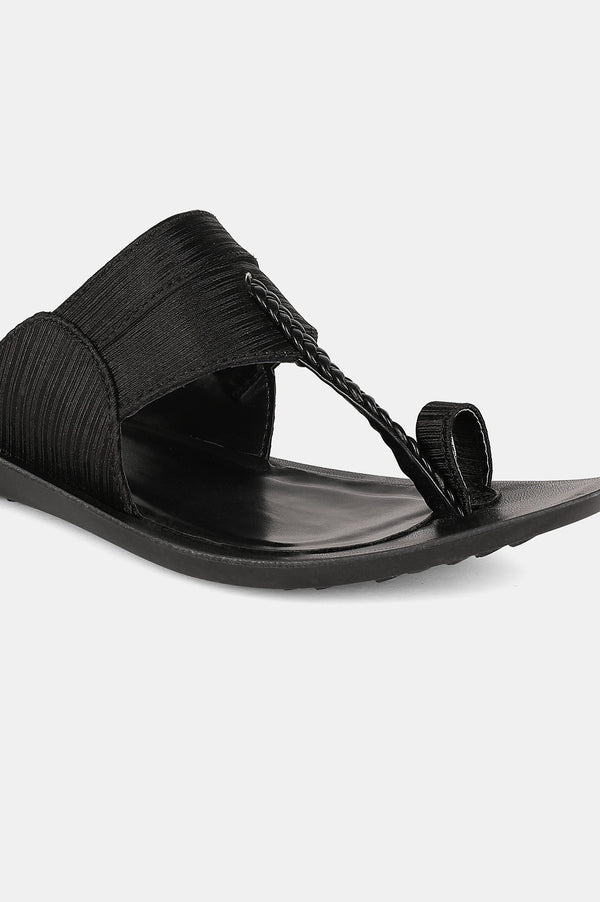 Aurelia Black Textured Almond Toe Flat-Zdarlene
