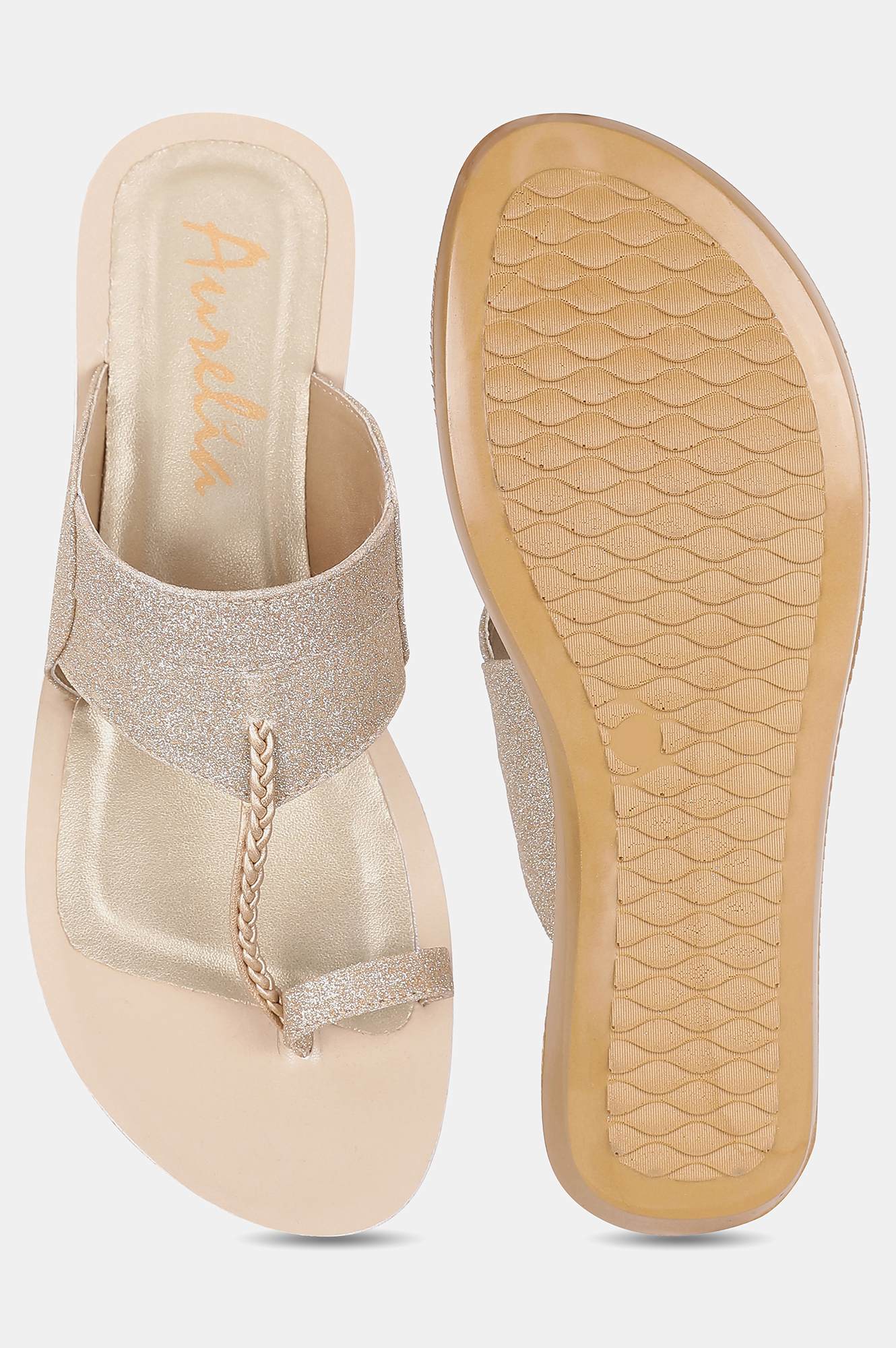 Aurelia Gold Glitter Textured Almond Toe Flat-Zdarlene