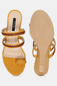 Mustard Almond Toe Embroidery Wedge-ZJanet