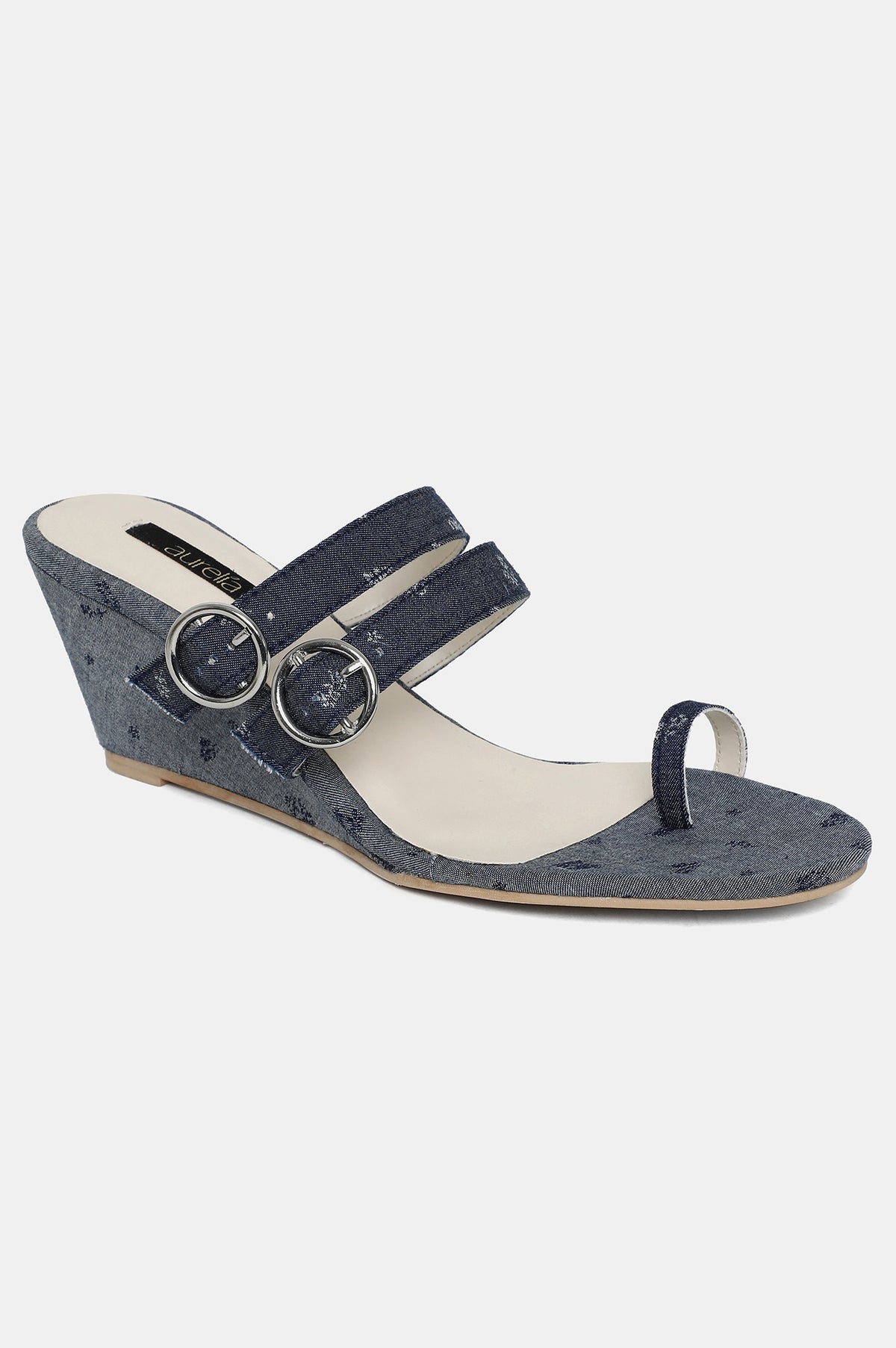 Denim Blue Almond Toe Floral Print Wedge-ZJanet - 37