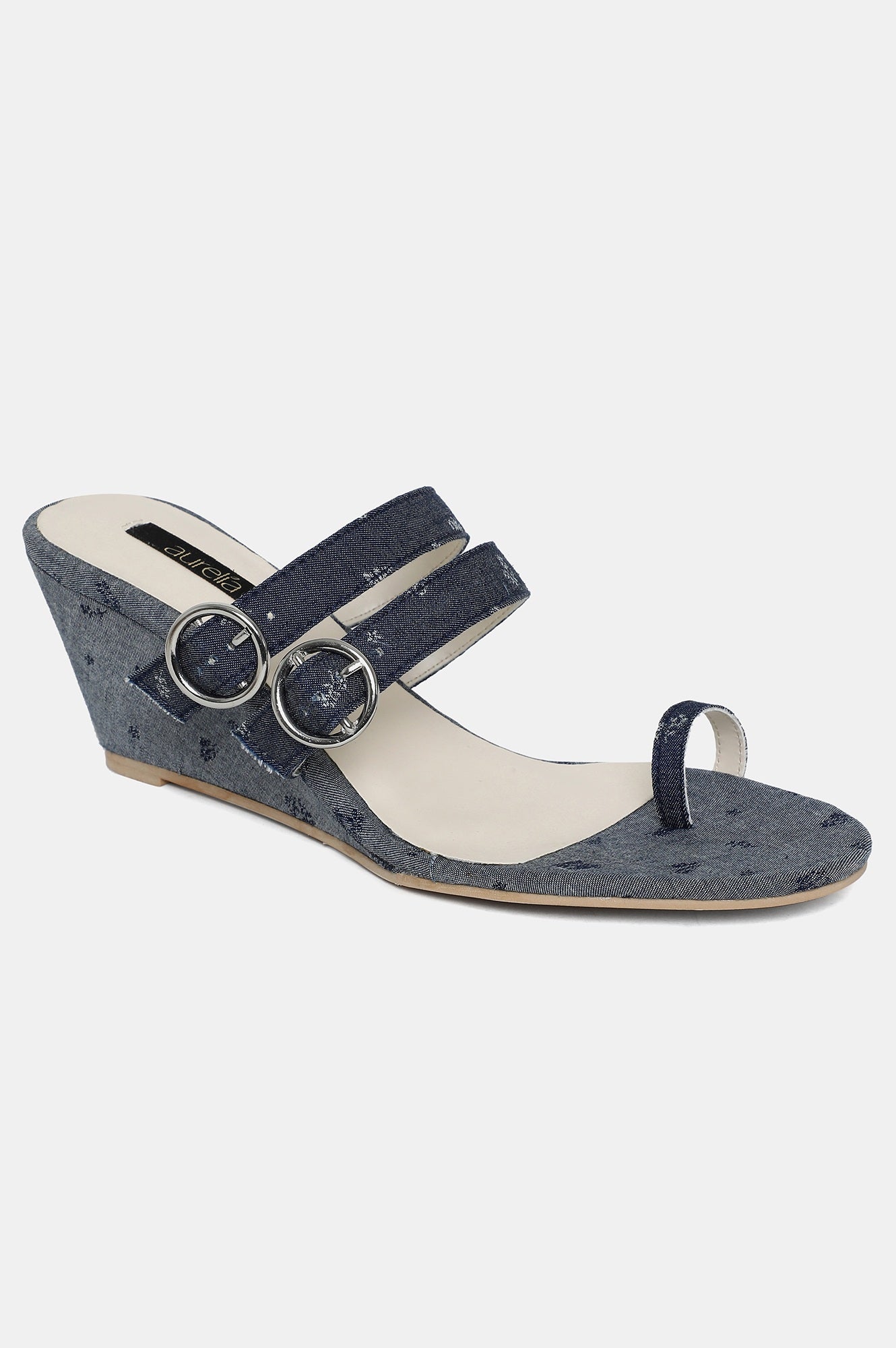 Denim Blue Almond Toe Floral Print Wedge-ZJanet