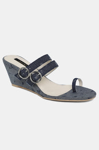 Denim Blue Almond Toe Floral Print Wedge-ZJanet