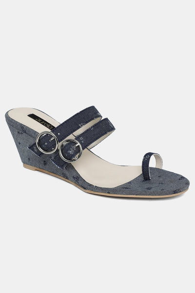 Denim Blue Almond Toe Floral Print Wedge-ZJanet