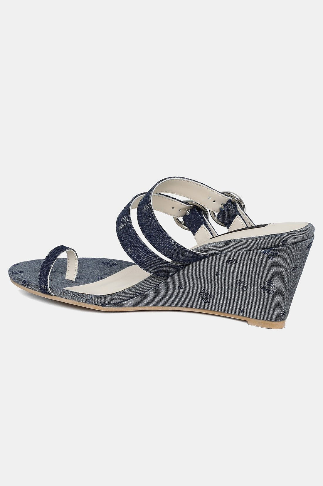 Denim Blue Almond Toe Floral Print Wedge-ZJanet