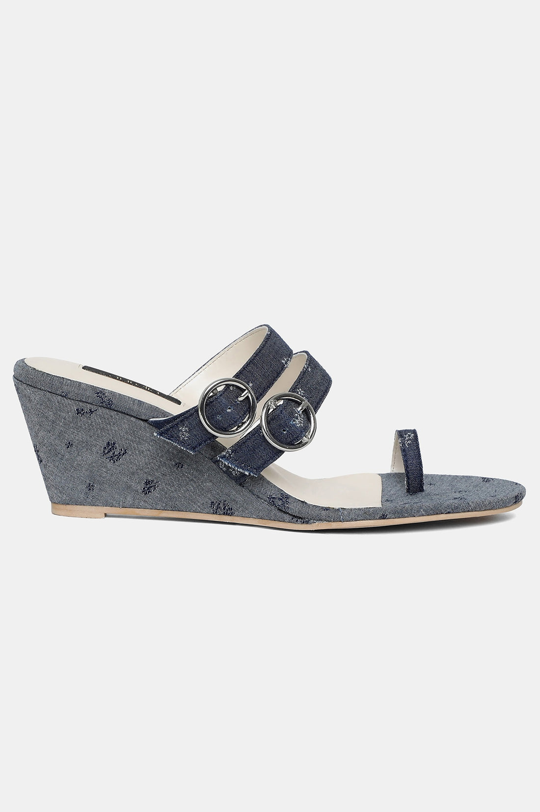 Denim Blue Almond Toe Floral Print Wedge-ZJanet