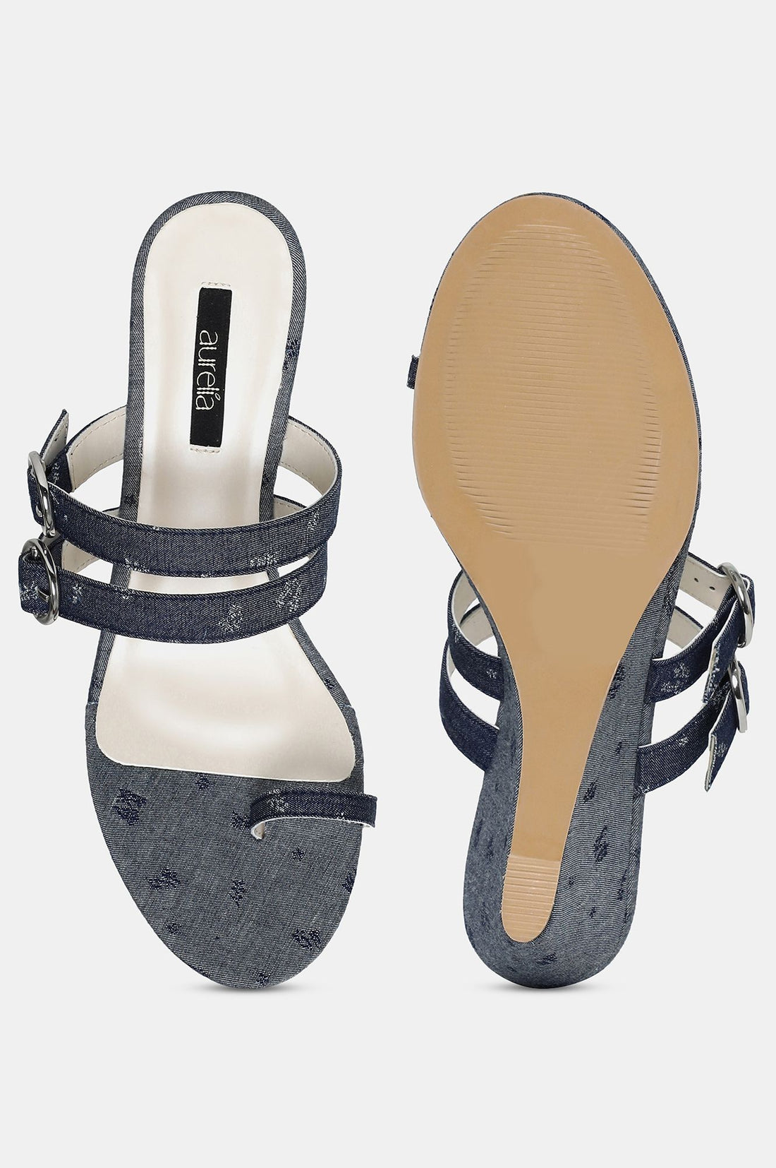 Denim Blue Almond Toe Floral Print Wedge-ZJanet