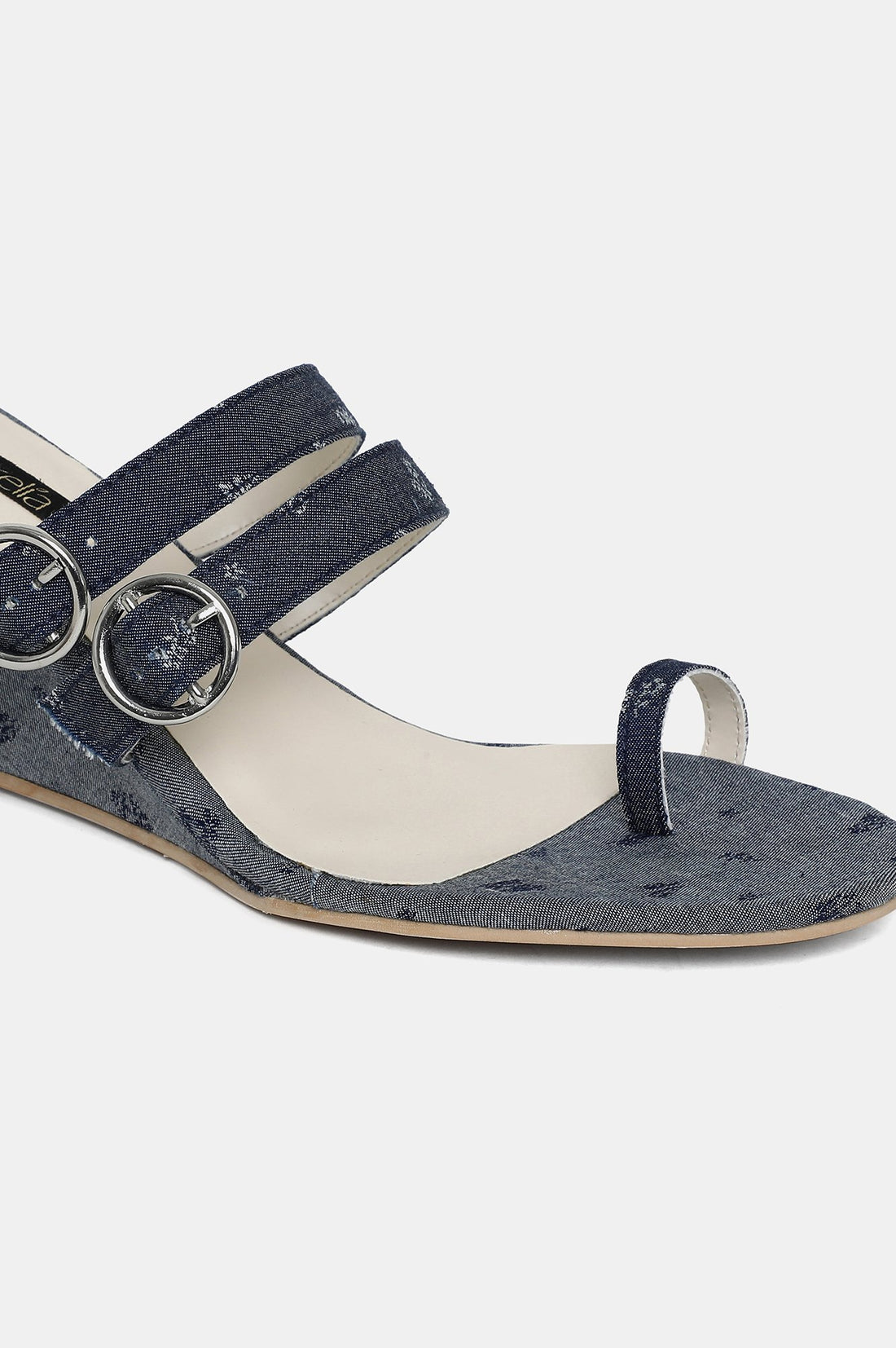 Denim Blue Almond Toe Floral Print Wedge-ZJanet