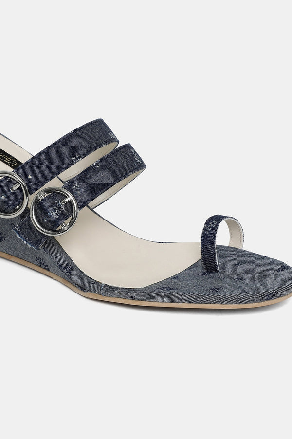 Denim Blue Almond Toe Floral Print Wedge-ZJanet