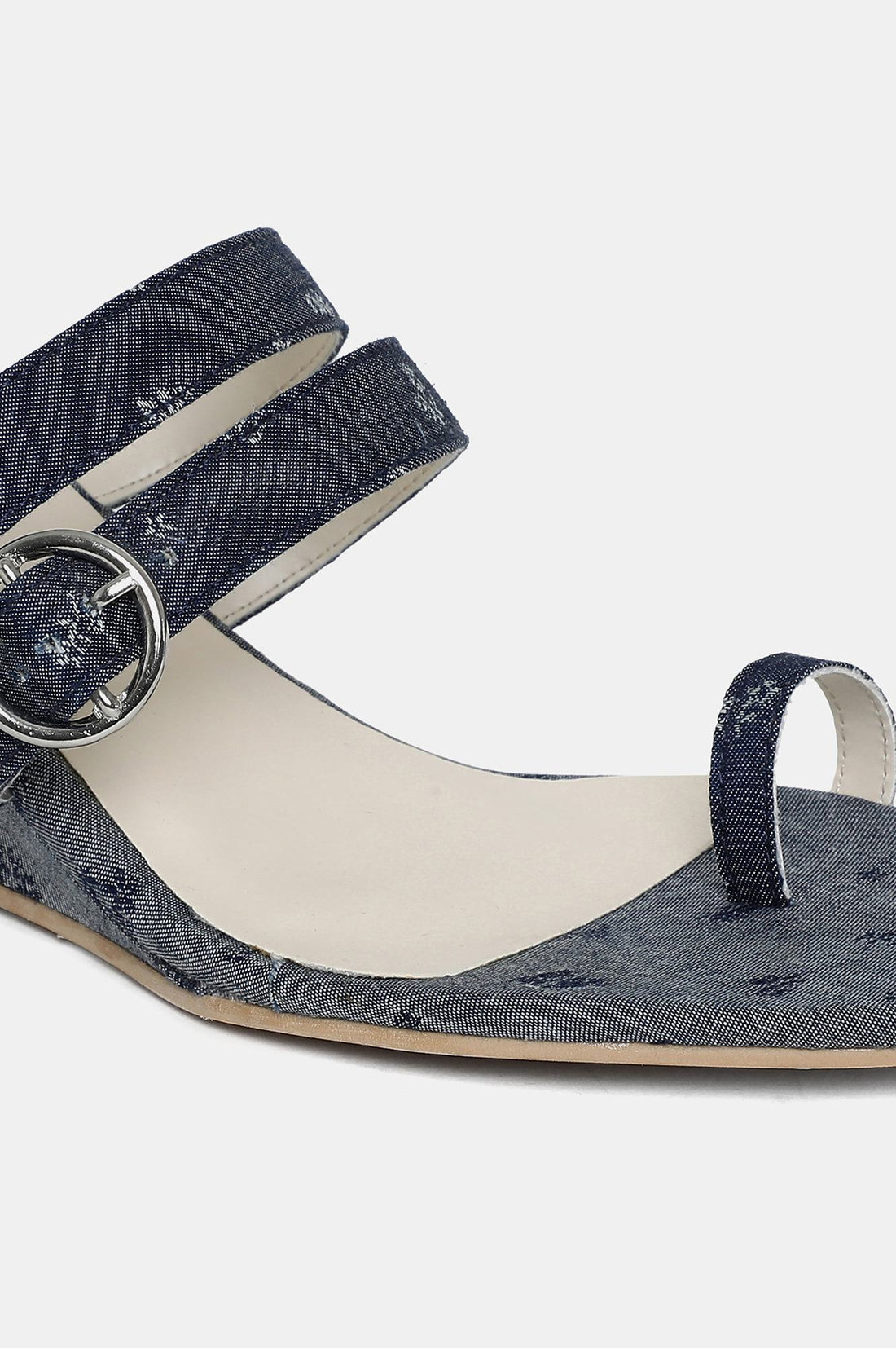 Denim Blue Almond Toe Floral Print Wedge-ZJanet