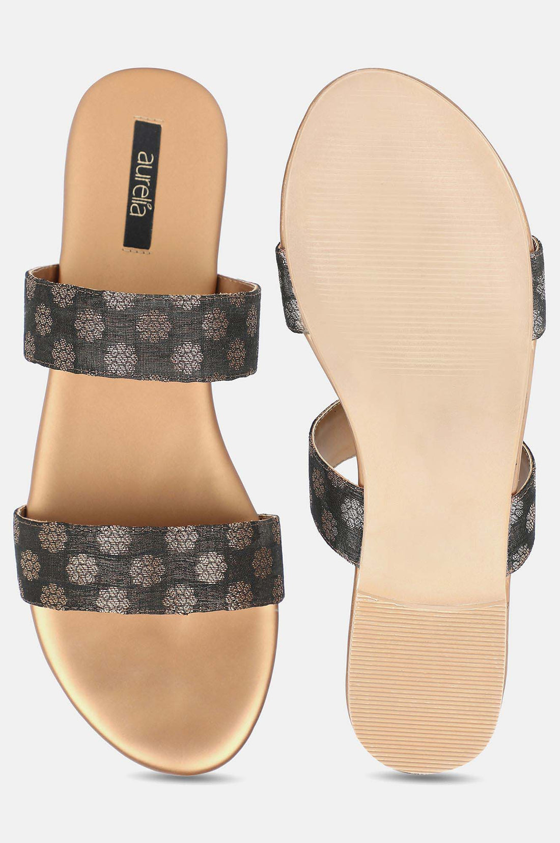 Black Gold Almond Toe Self Design Flat - Zkailyn