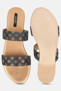 Black Gold Almond Toe Self Design Flat - Zkailyn