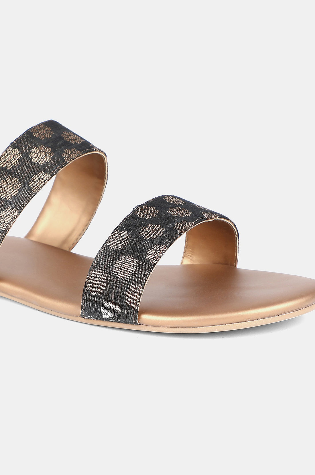 Black Gold Almond Toe Self Design Flat - Zkailyn