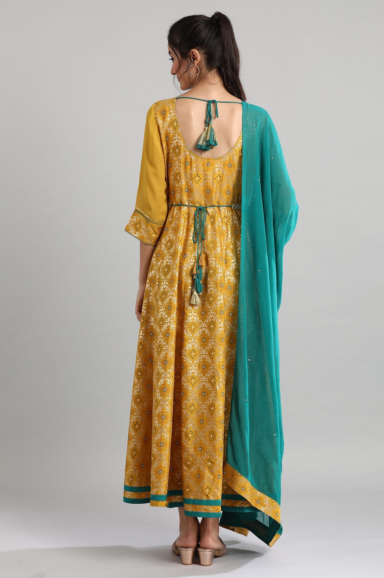 Yellow Ankle-Length Printed Dress Set