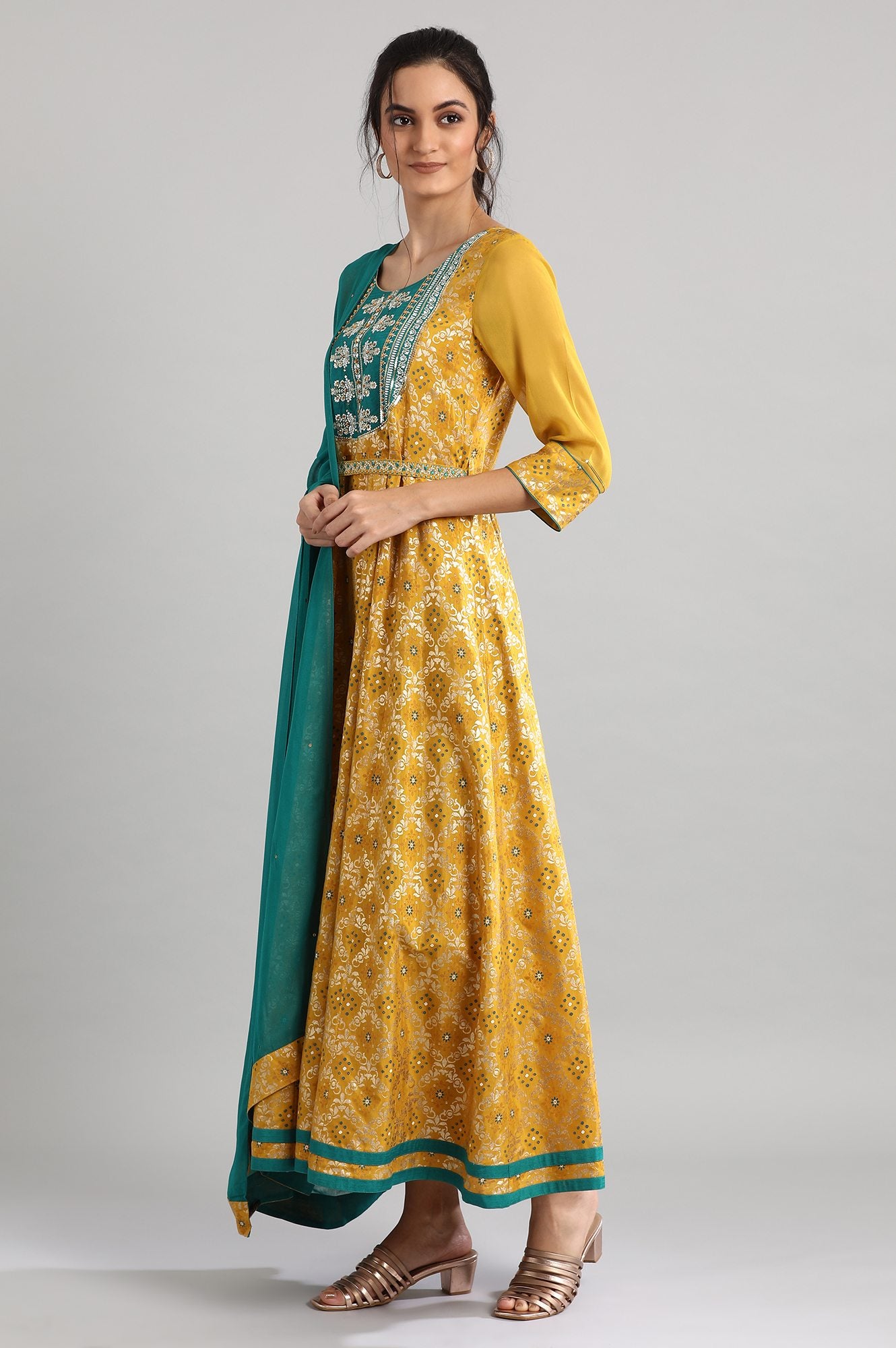 Yellow Ankle-Length Printed Dress Set