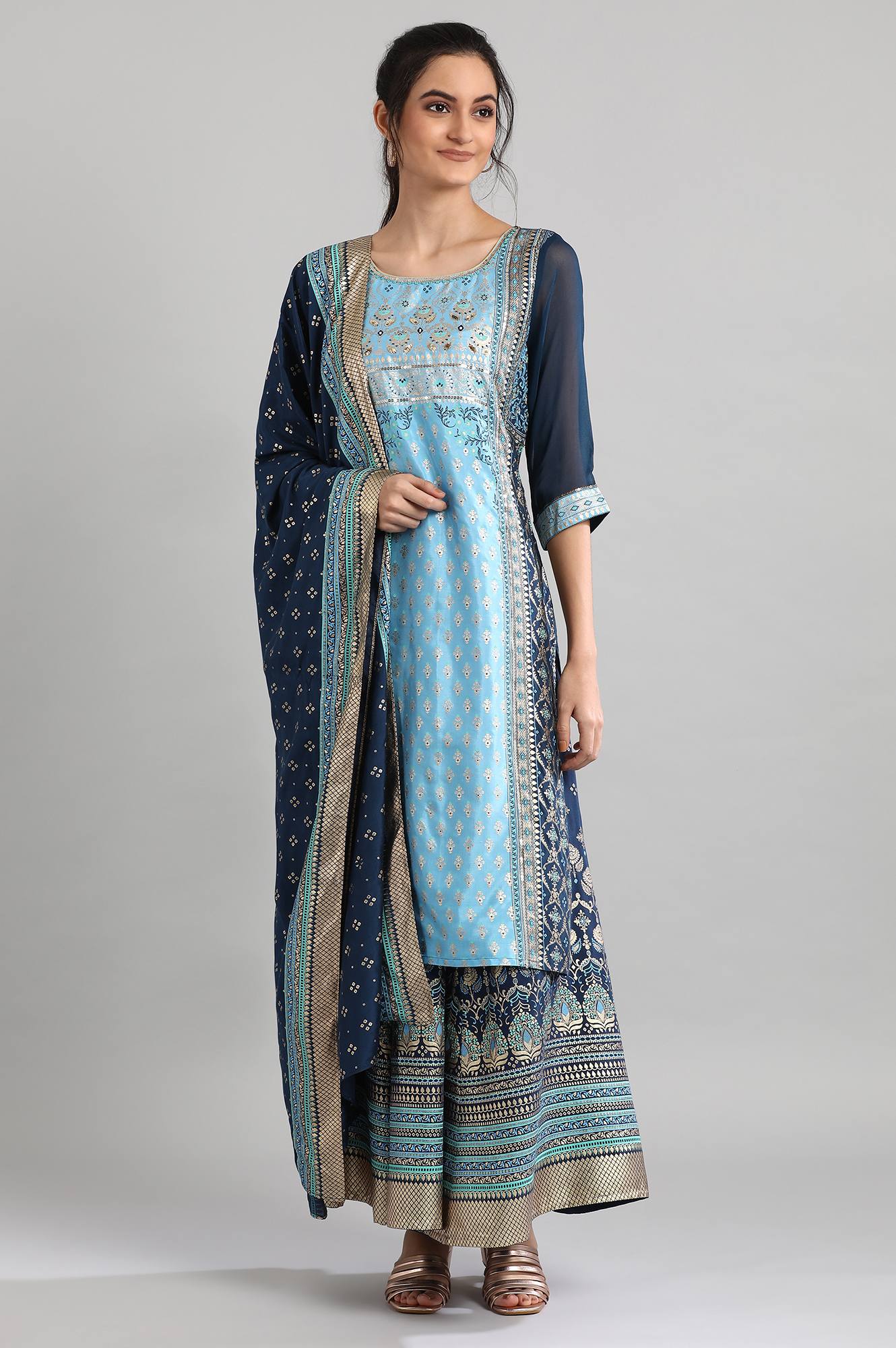 Blue Round Neck Floral Print kurta Set