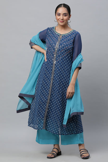 Blue Round Neck Printed kurta Set