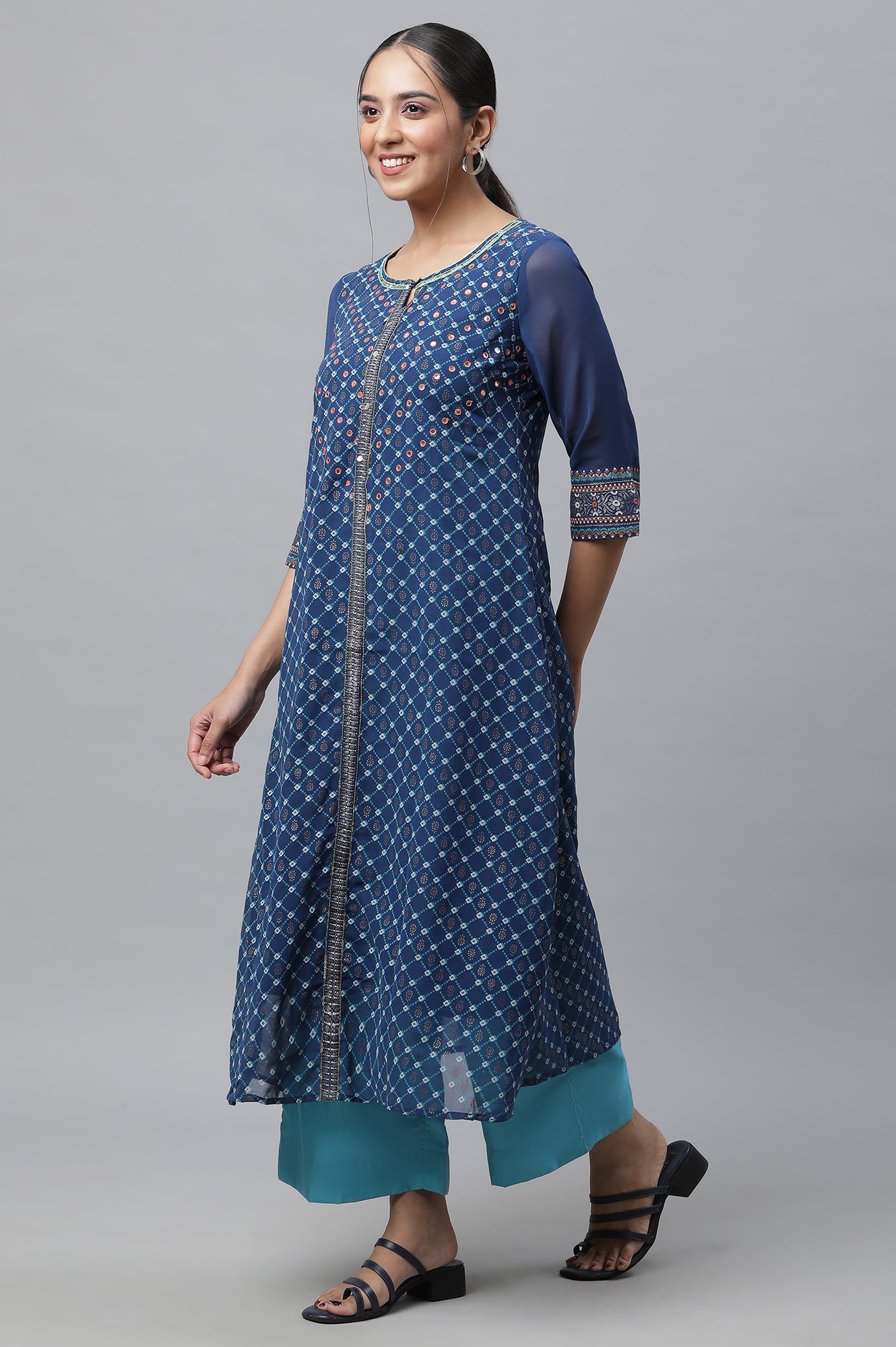 Blue Round Neck Printed kurta Set