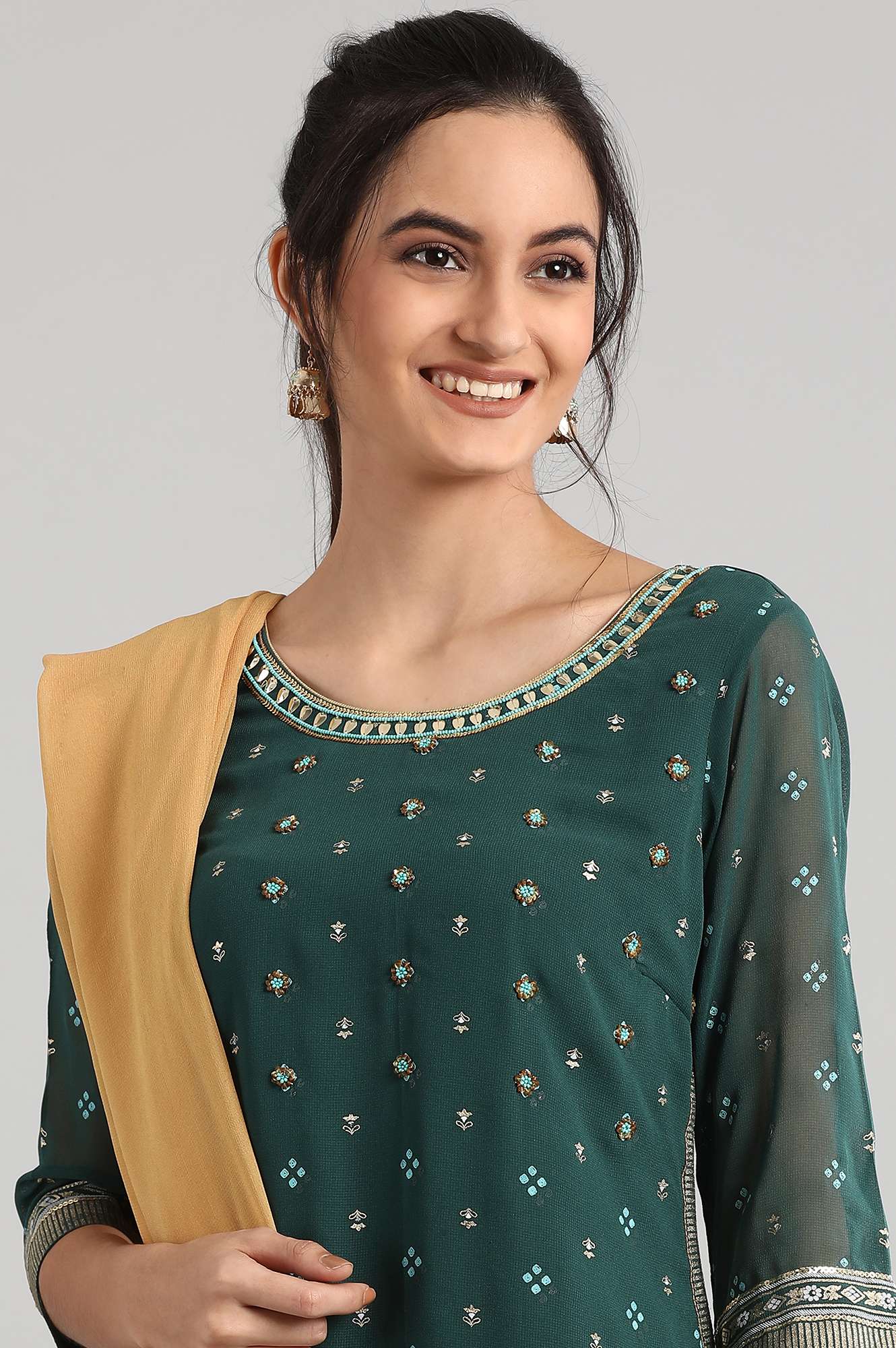 Green Round Neck Embroidery kurta Set