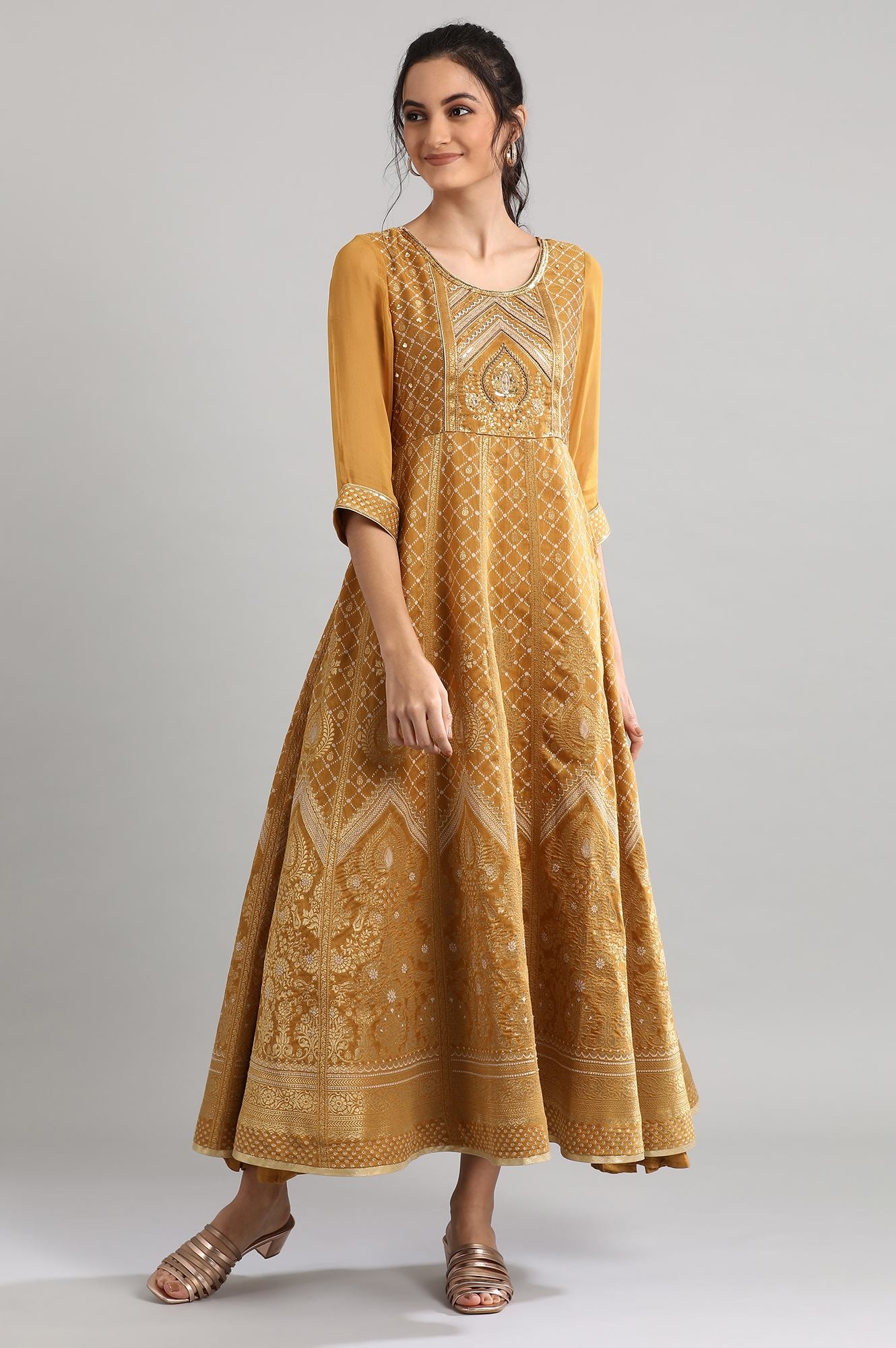 Golden Round Neck Printed Dress