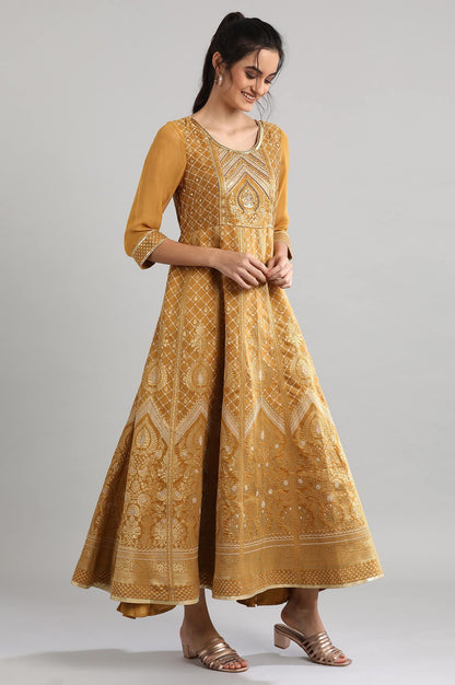 Golden Round Neck Printed Dress