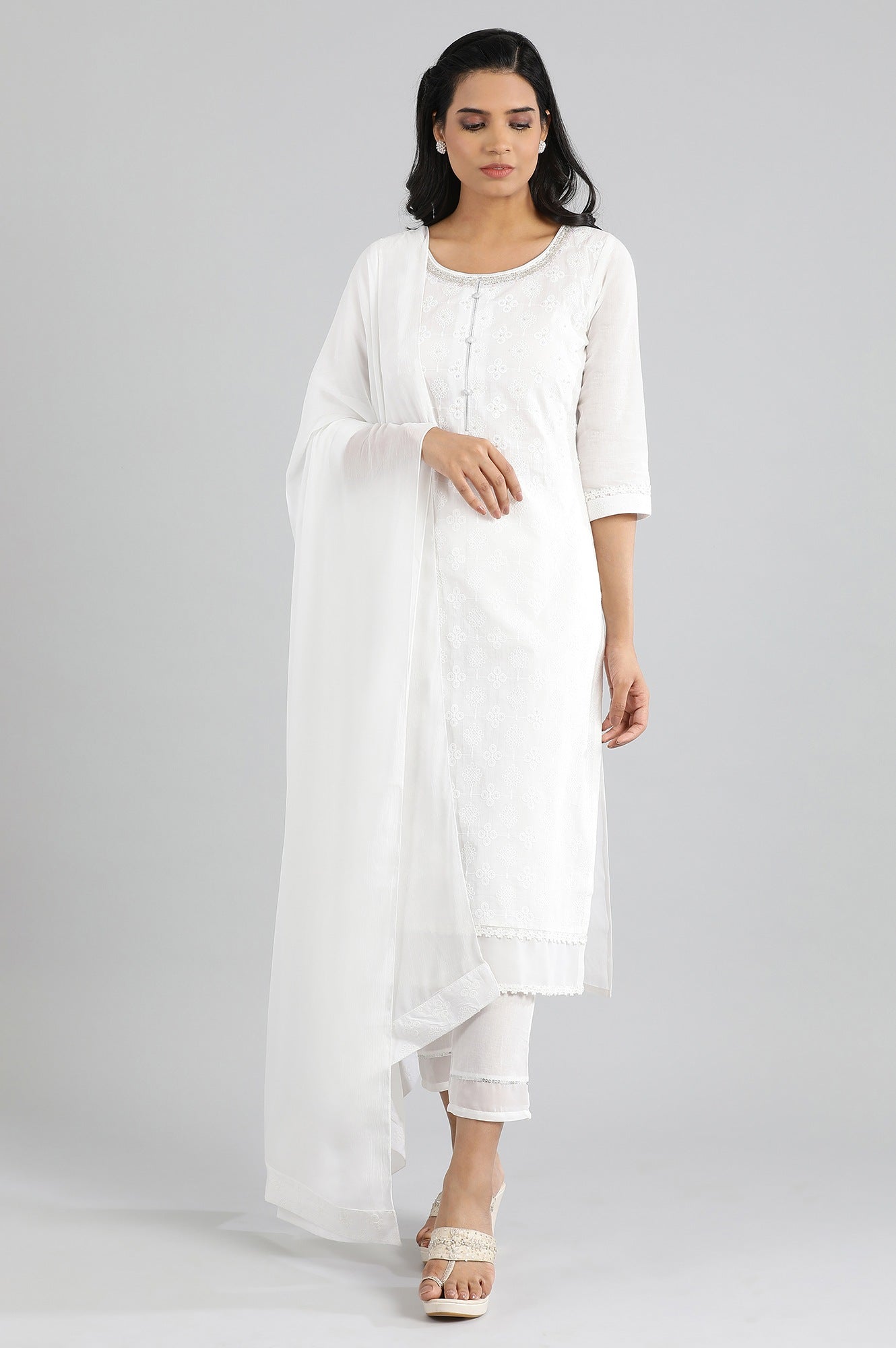 White Round Neck Embroidery kurta Set