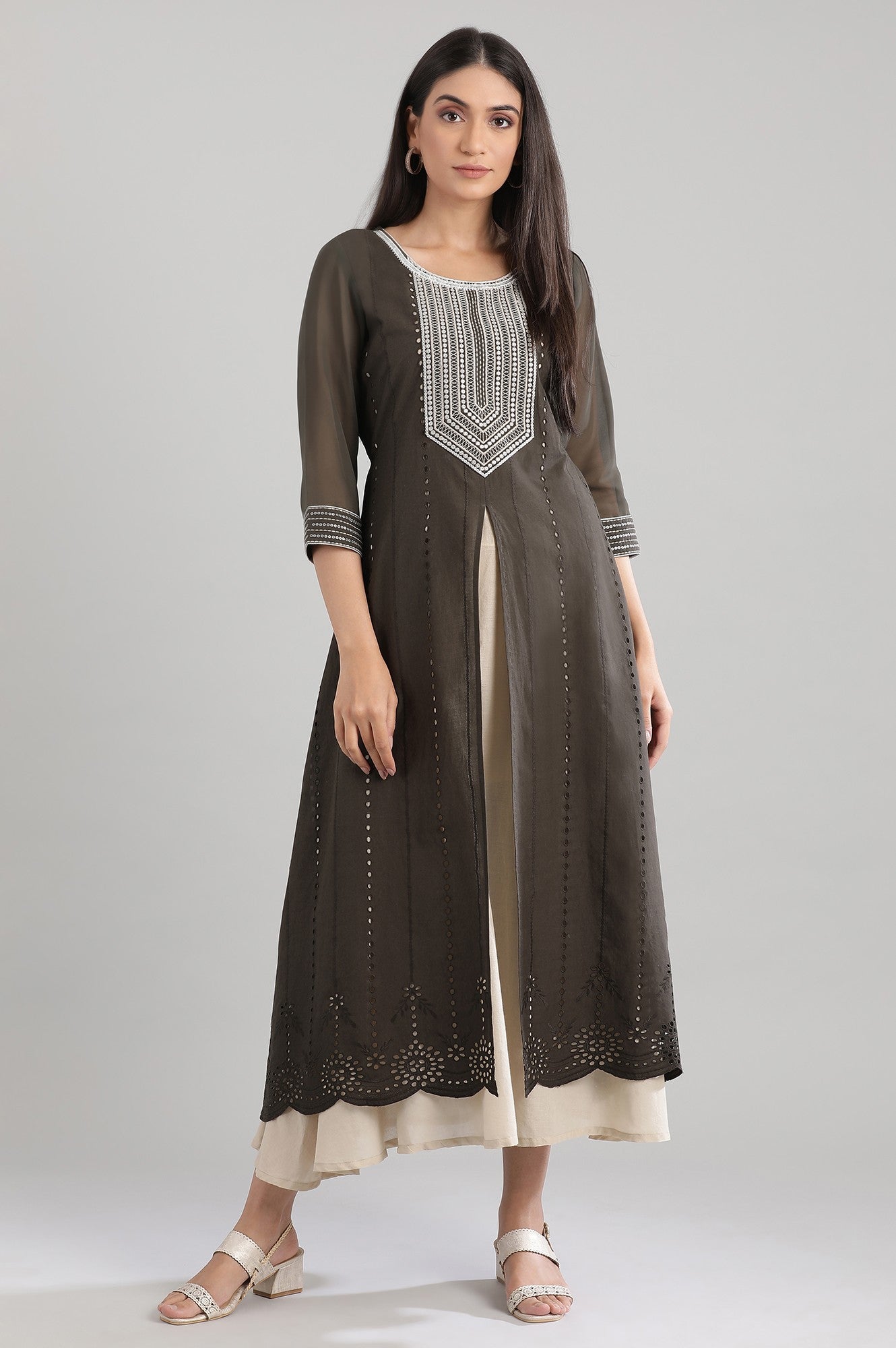 Grey Ankle-Length Embroidery kurta Set