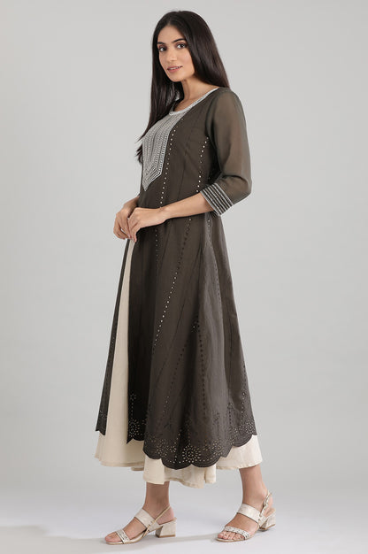 Grey Ankle-Length Embroidery kurta Set