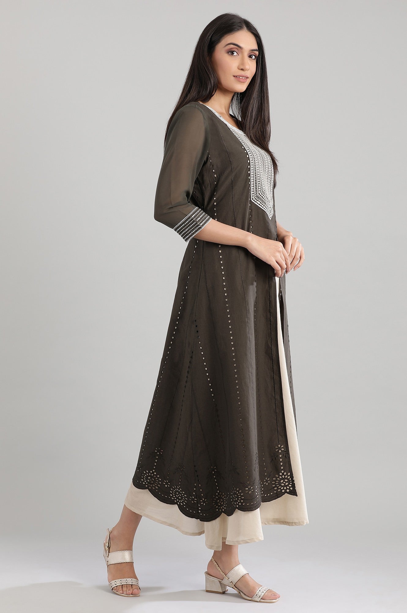 Grey Ankle-Length Embroidery kurta Set