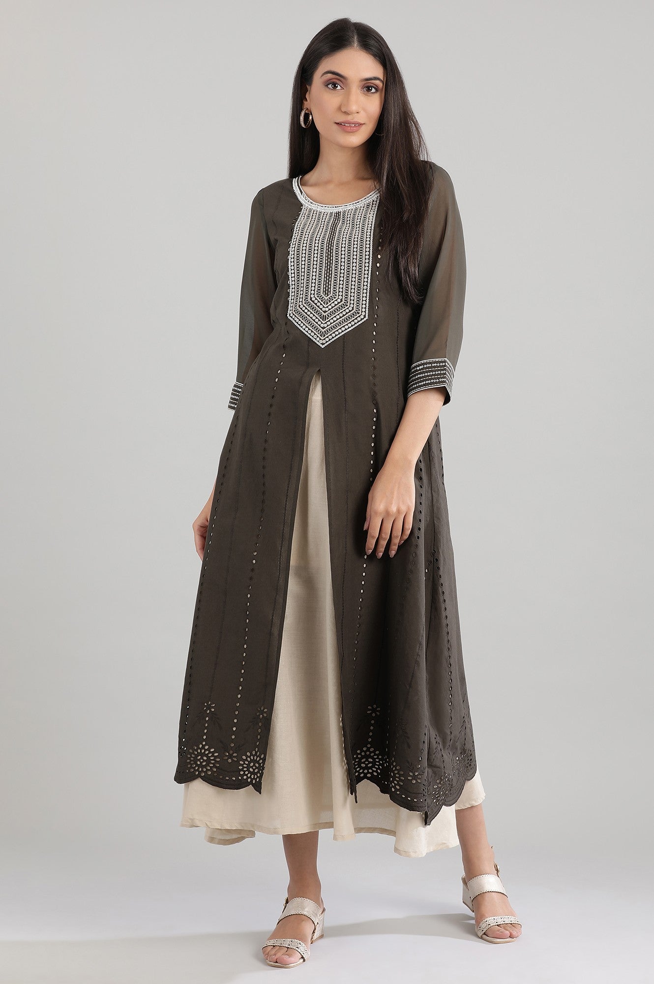 Grey Ankle-Length Embroidery kurta Set