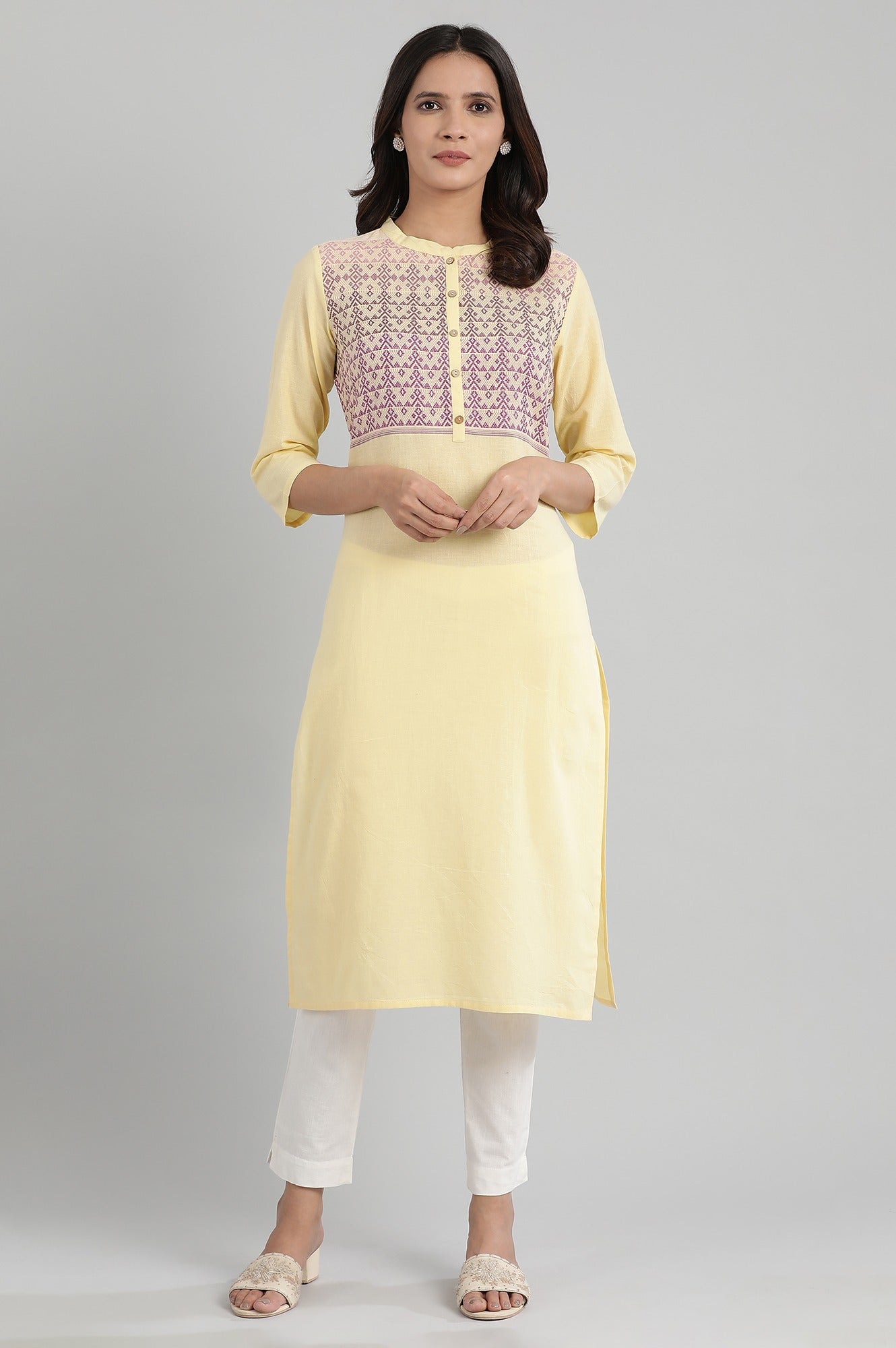 Yellow Mandarin Collar Printed Yarn-Dyed kurta