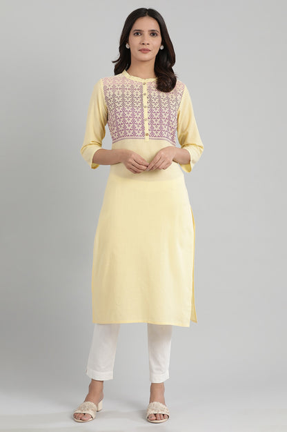 Yellow Mandarin Collar Printed Yarn-Dyed kurta