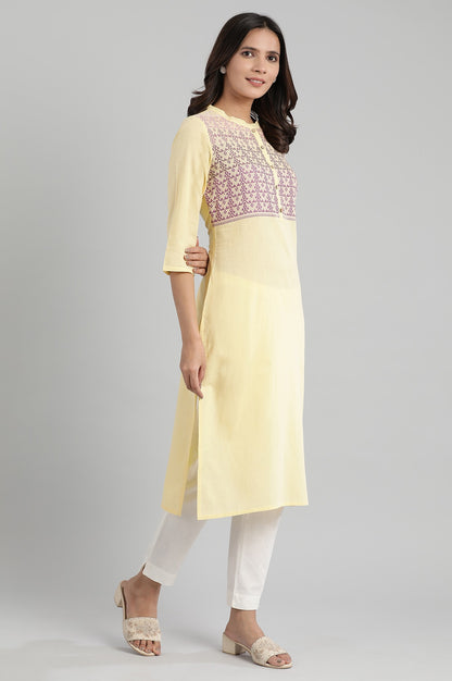 Yellow Mandarin Collar Printed Yarn-Dyed kurta