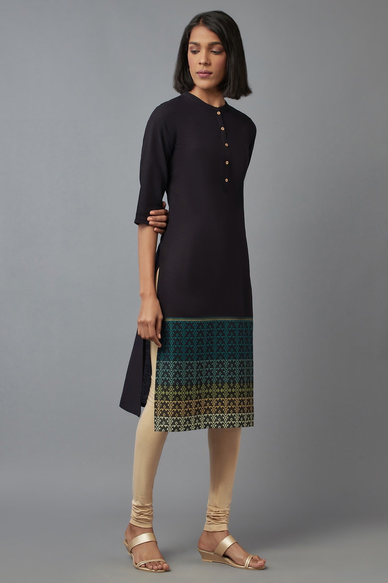 Black Mandarin Neck Printed kurta