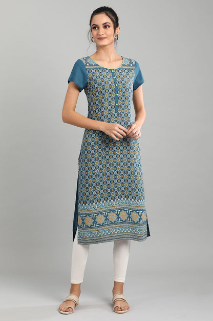 Teal Blue Round Neck Printed kurta