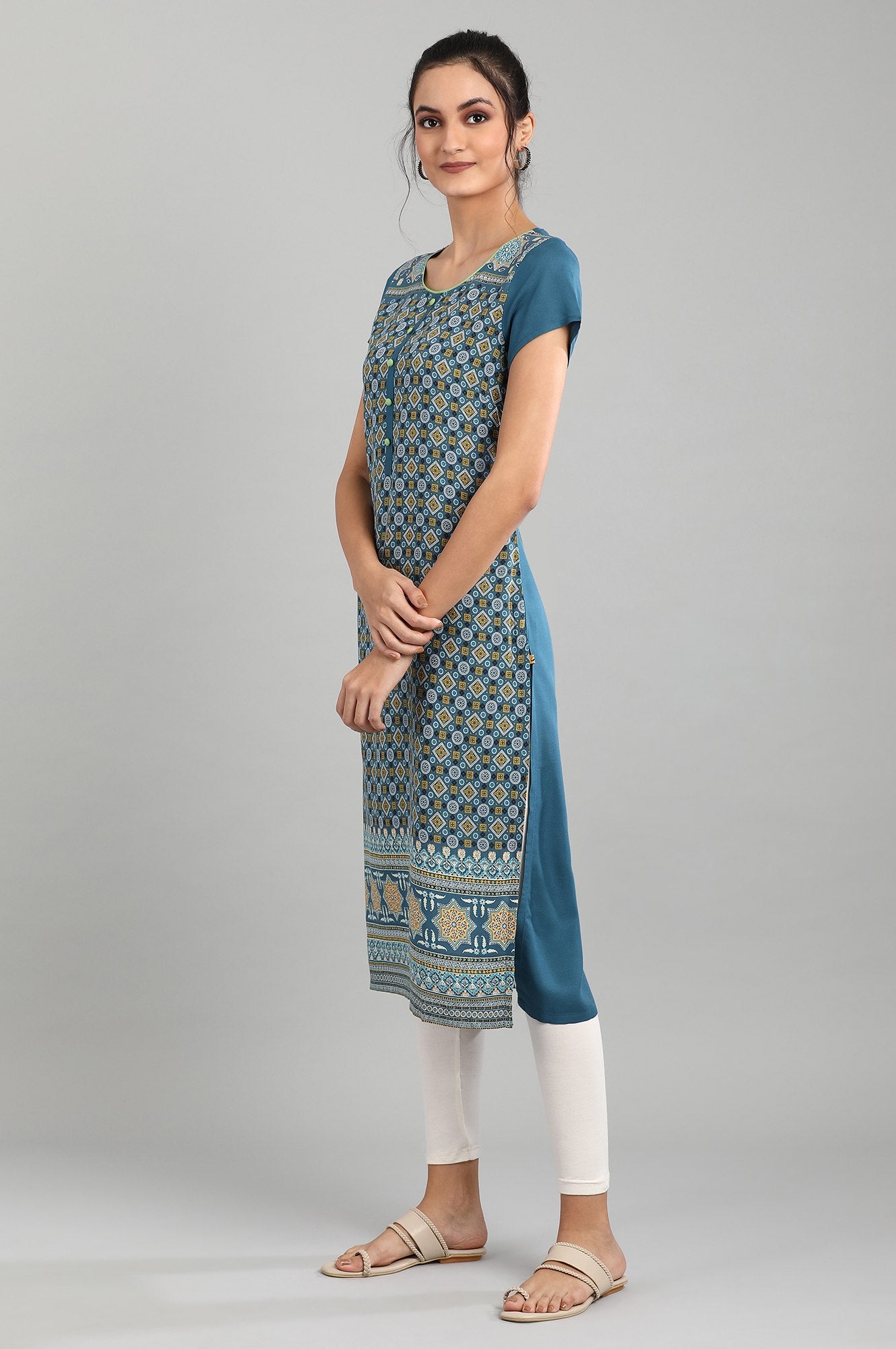 Teal Blue Round Neck Printed kurta