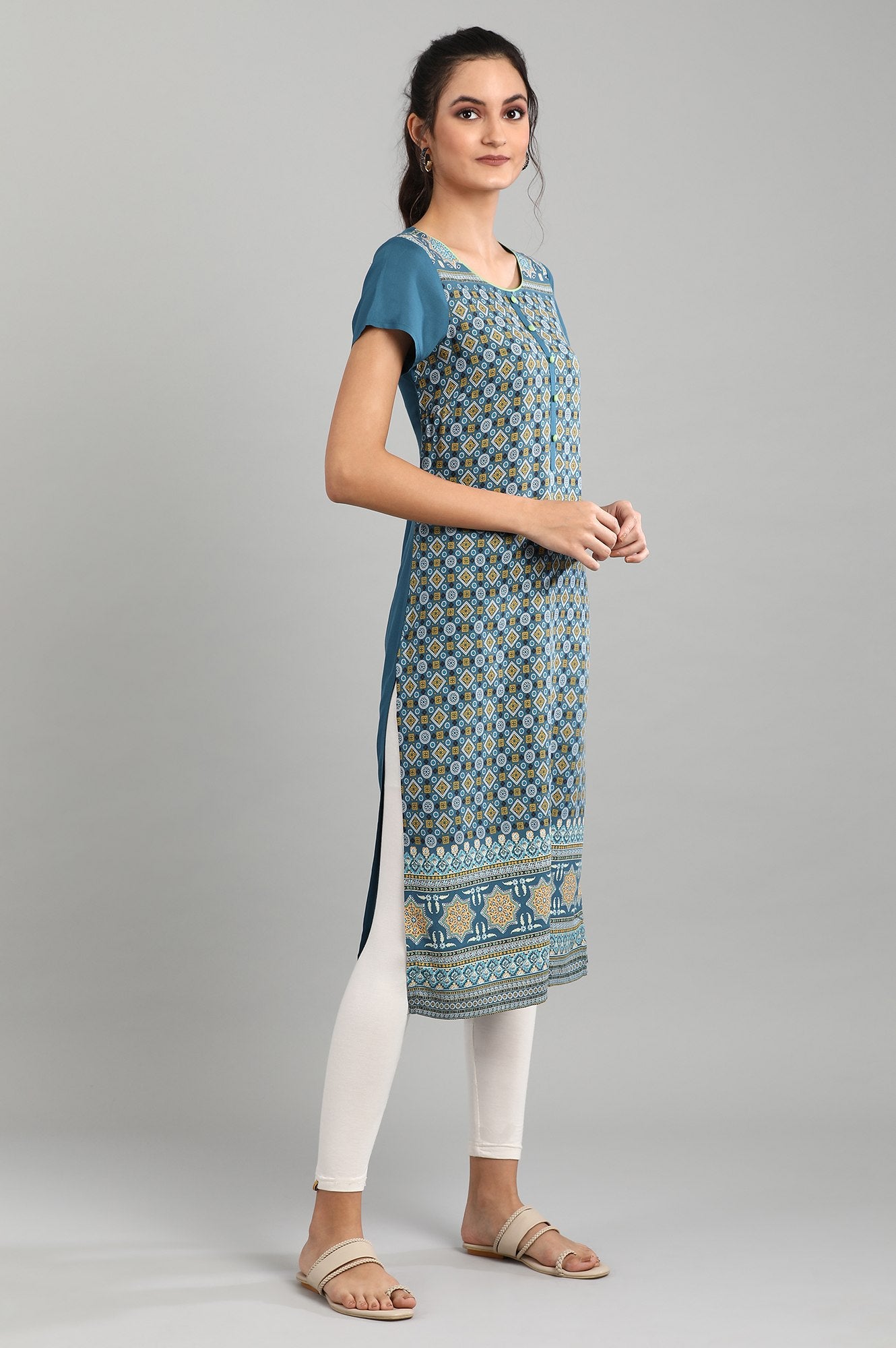 Teal Blue Round Neck Printed kurta