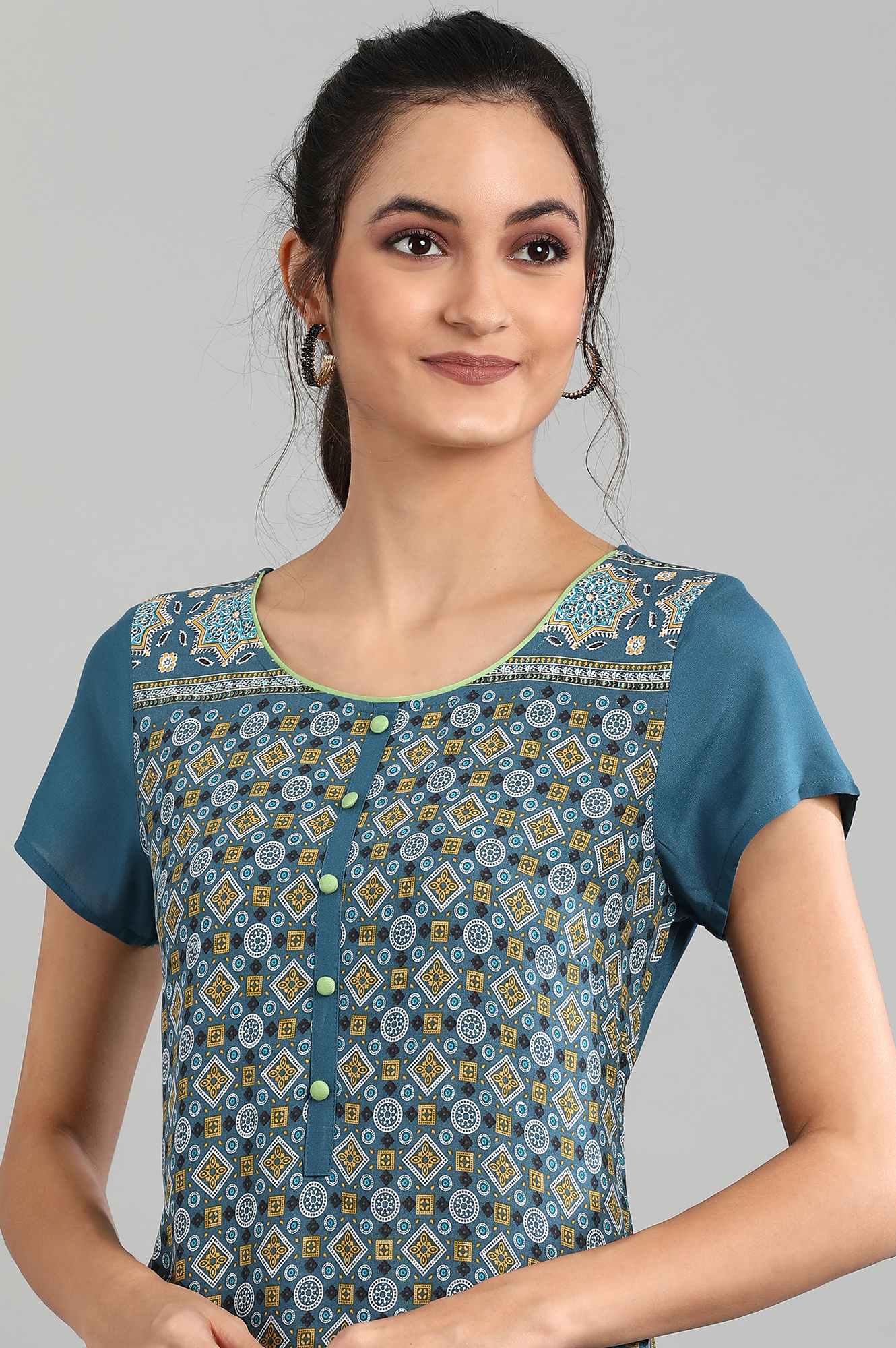 Teal Blue Round Neck Printed kurta