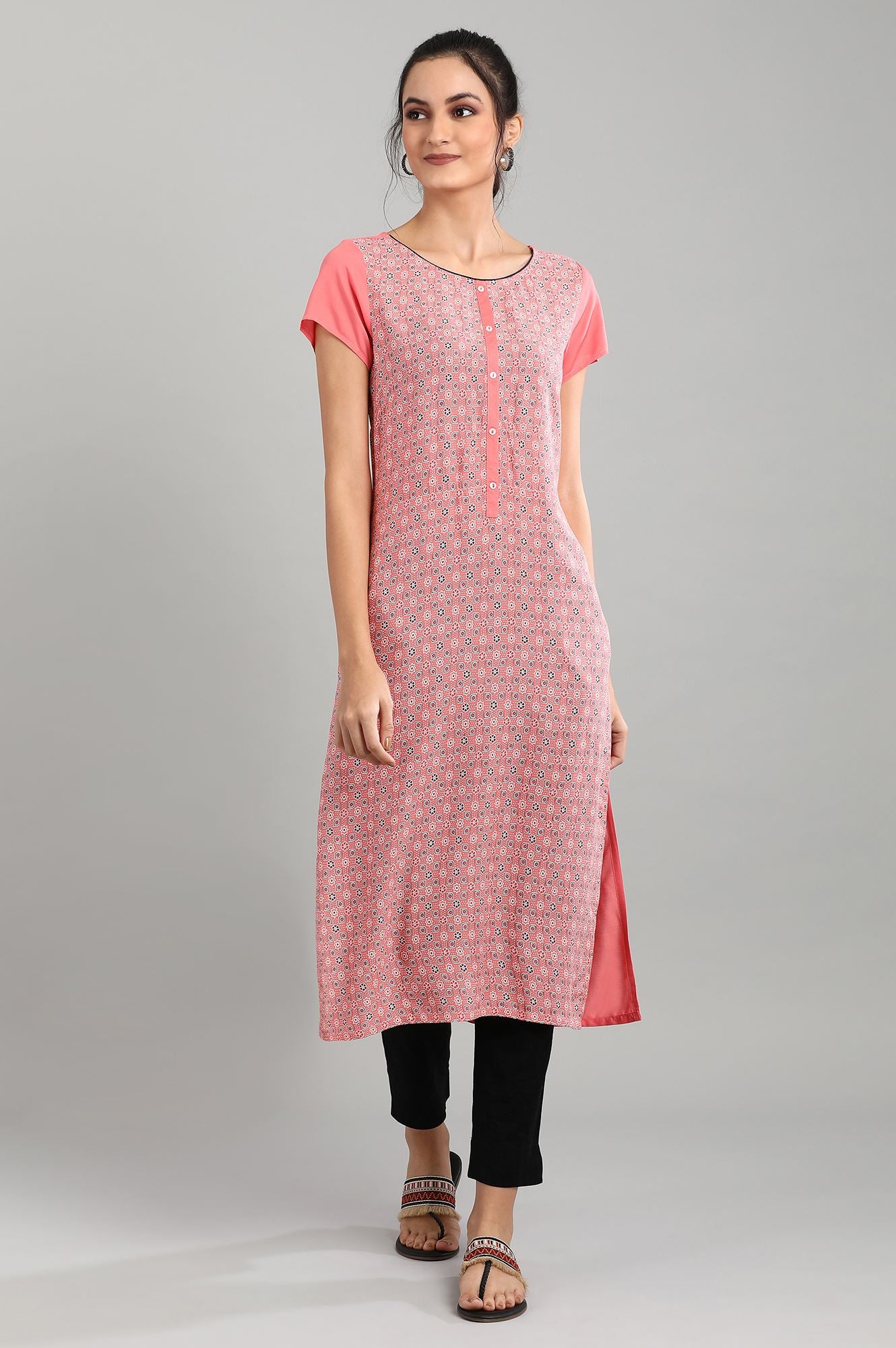 Peach Boat Neck Printed kurta