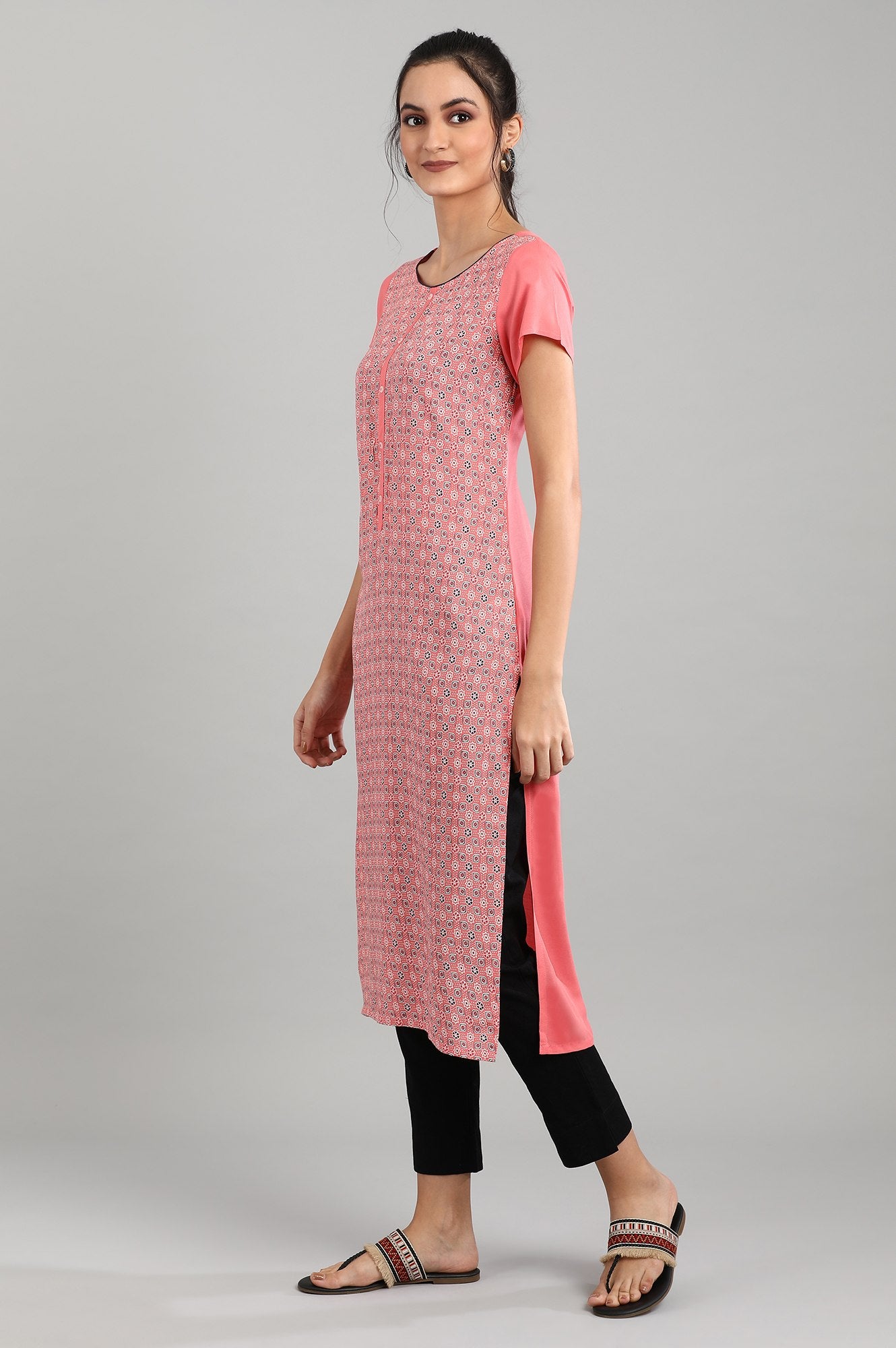 Peach Boat Neck Printed kurta