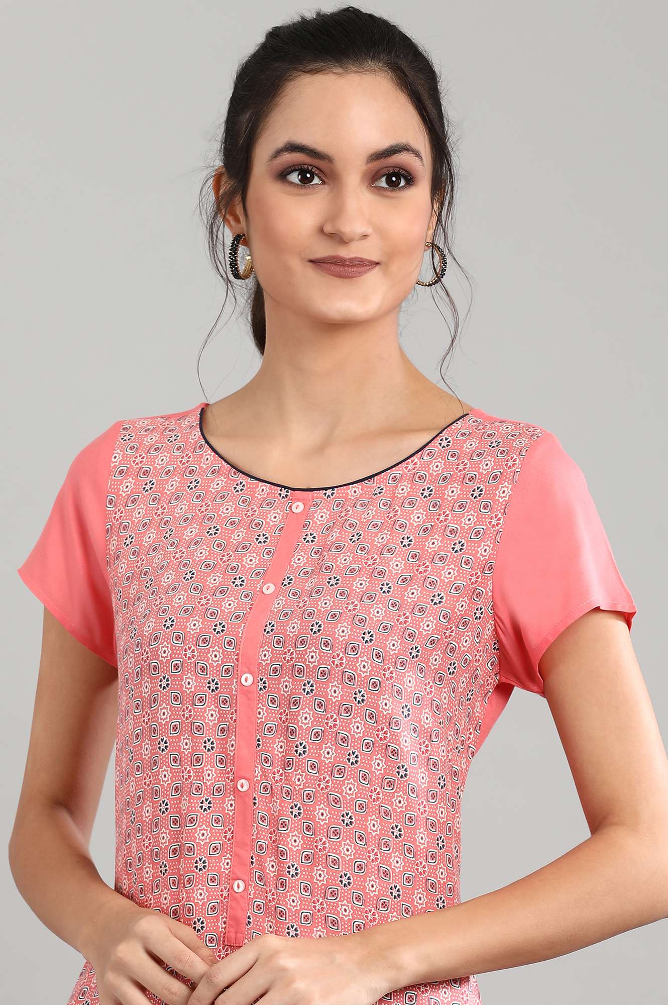 Peach Boat Neck Printed kurta