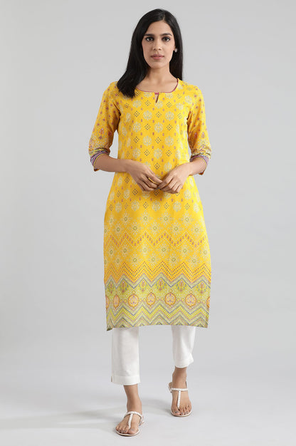 Yellow Square Neck Printed kurta