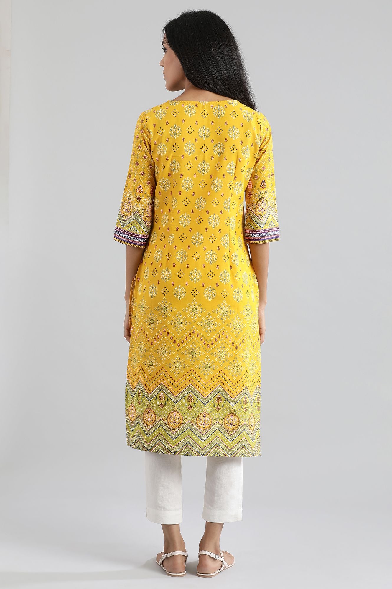 Yellow Square Neck Printed kurta