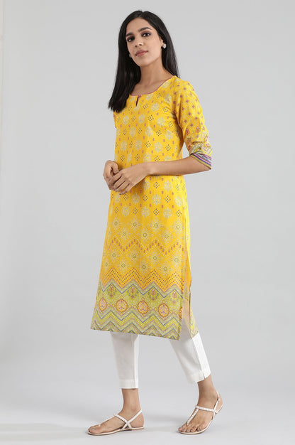 Yellow Square Neck Printed kurta