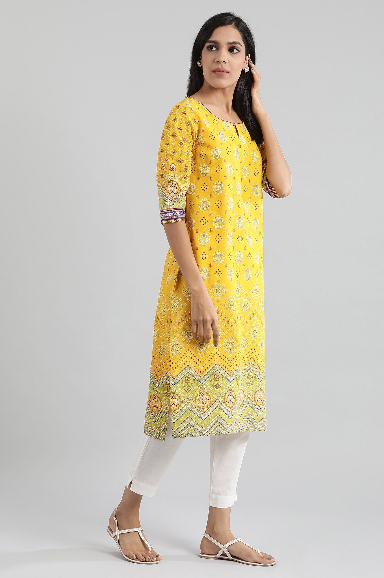 Yellow Square Neck Printed kurta