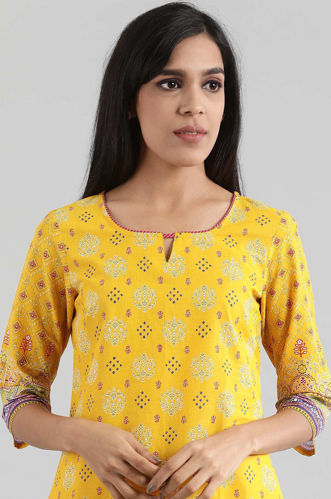 Yellow Square Neck Printed kurta