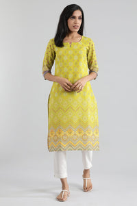 Yellow Square Neck Printed kurta
