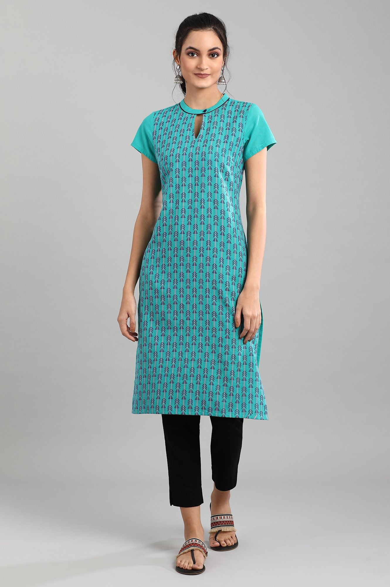 Blue Mandarin Neck Printed kurta